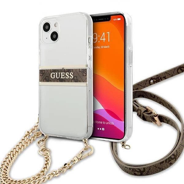 [GRĄŽINTAS DAIKTAS] Guess GUHCP13SKC4GBGO iPhone 13 mini 5.4" permatomas hardcase 4G su rudos spalvos dirželiu ir auksine grandinėle