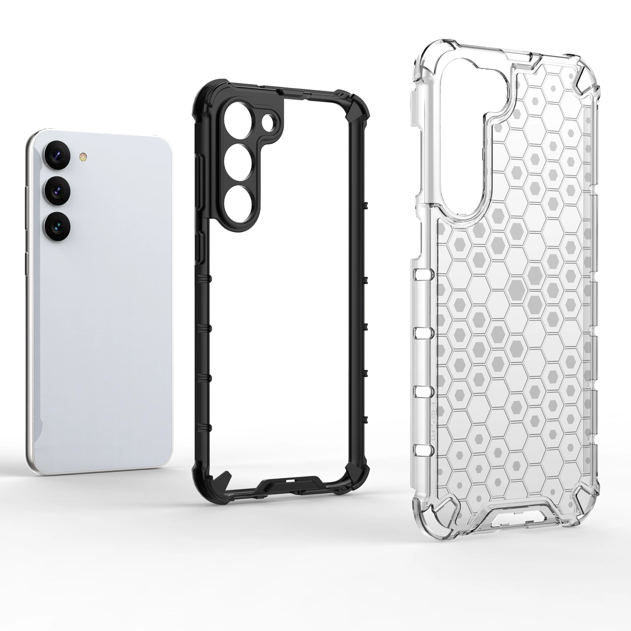 Honeycomb dėklas Samsung Galaxy S23+ – armuotas hibridinis, permatomas
