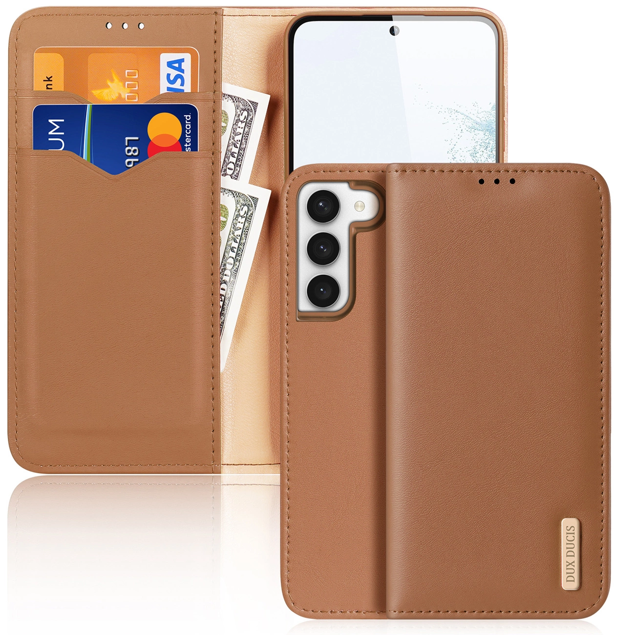 Dux Ducis Hivo dėklas Samsung Galaxy S23+ – atverčiamas, kortelių piniginė su RFID blokavimu, rudas