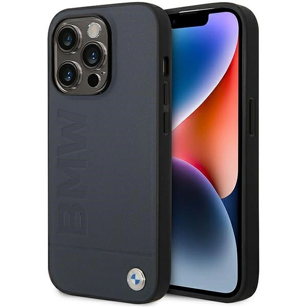 BMW BMHMP14XSLLNA dėklas iPhone 14 Pro Max 6.7" – tamsiai mėlynas/tamsiai mėlynas, kietas, Leather Hot Stamp MagSafe