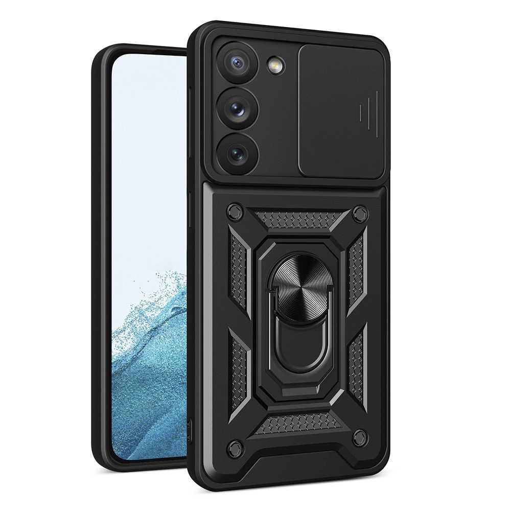 Hybrid Armor Camshield dėklas Samsung Galaxy S23 – apsauginis, su kameros dangčiu, juodas