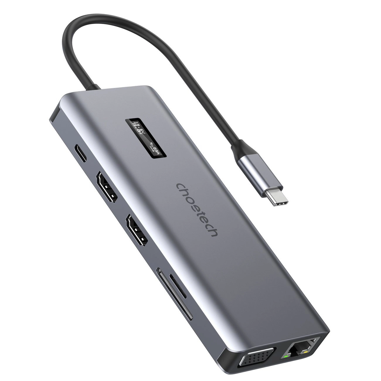 Choetech universalus HUB su ekranu 12in1 USB-C į USB-C / USB-A / HDMI / VGA / AUX / SD / TF pilkas (HUB-M26)