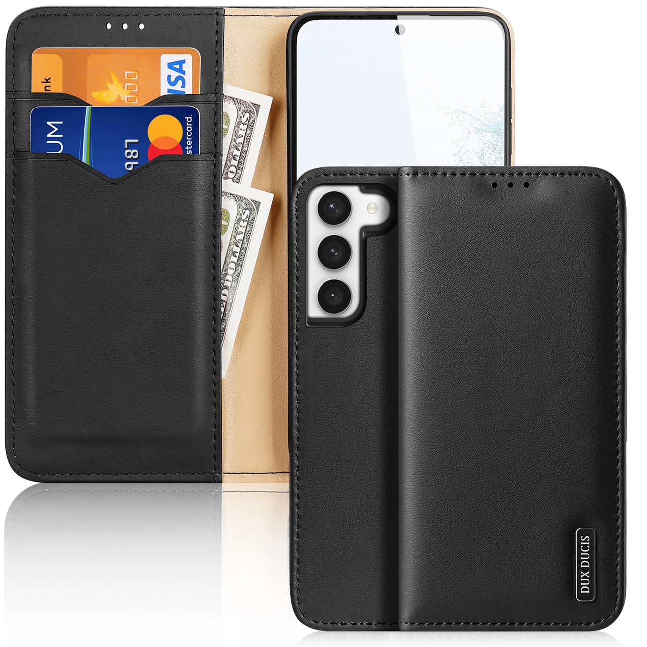 Dux Ducis Hivo dėklas Samsung Galaxy S23+ – atverčiamas, kortelių piniginė su RFID blokatoriumi, juodas
