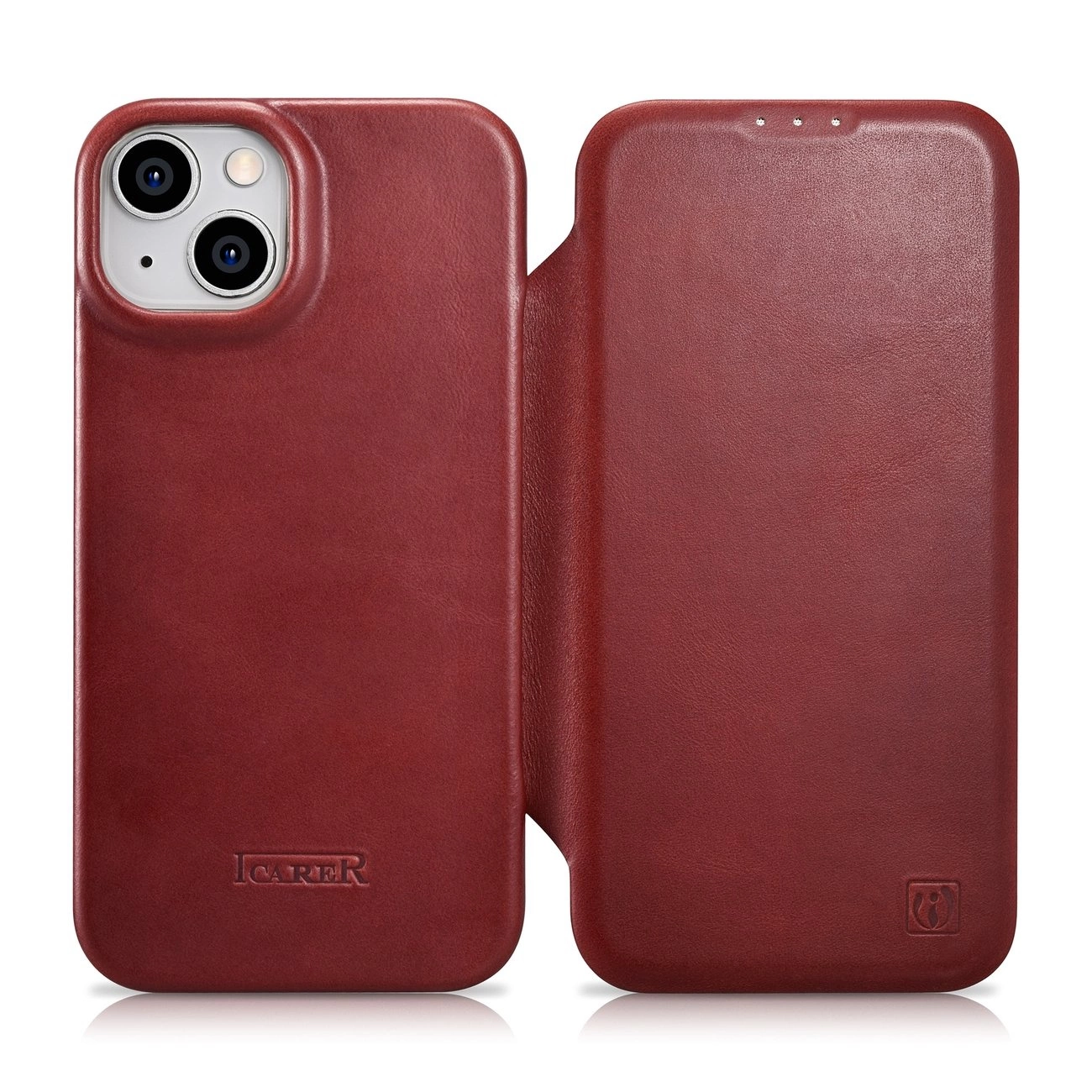 iCarer CE Oil Wax Premium Leather Folio dėklas iPhone 14 Plus magnetinis flip odinis dėklas su MagSafe raudonas (AKI14220707-RD)