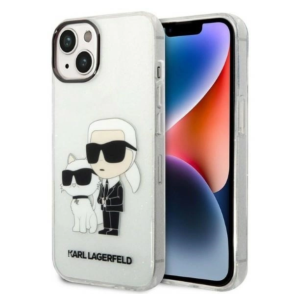 Karl Lagerfeld Glitter Karl & Choupette dėklas iPhone 14 Plus – permatomas