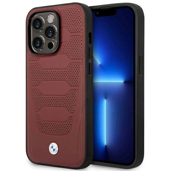 BMW BMHMP14X22RPSR dėklas iPhone 14 Pro Max 6.7" – burgundiškas/burgundiškas, Leather Seats Pattern MagSafe