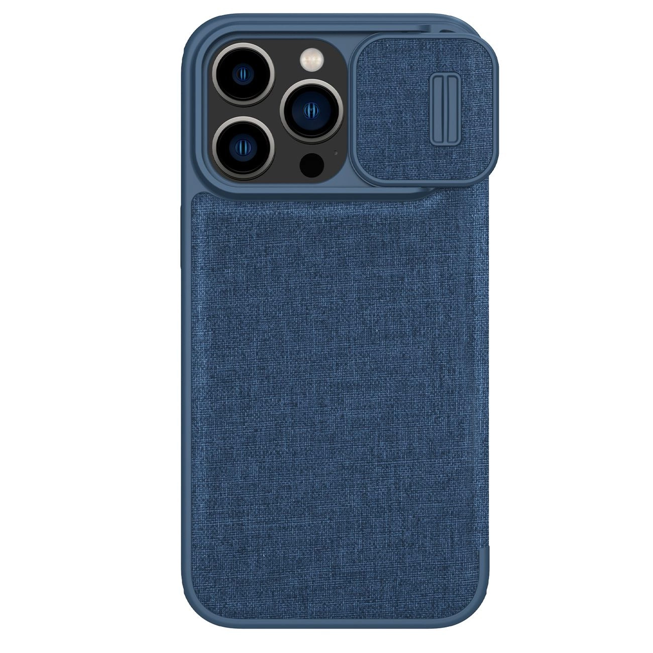 Nillkin Qin Cloth Pro dėklas iPhone 14 Pro Max, kameros dangtelis, holsteris, atvartėlis, mėlynas