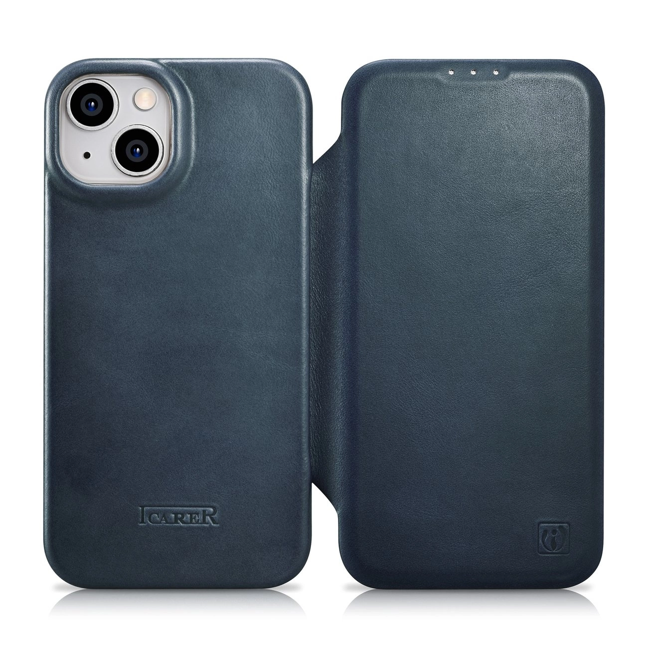 iCarer CE Oil Wax Premium Leather Folio dėklas iPhone 14 Plus magnetinis flip su MagSafe mėlynas (AKI14220707-BU)