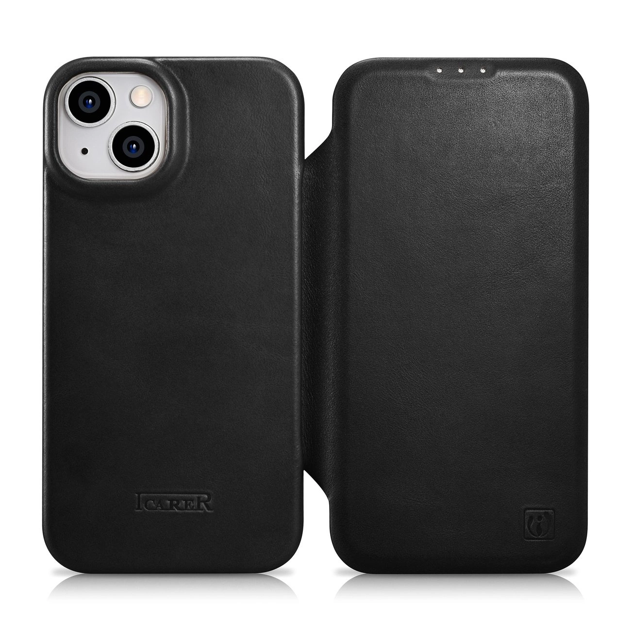 iCarer CE Oil Wax Premium Leather Folio dėklas odinis iPhone 14 Plus magnetinis flip su MagSafe juodas (AKI14220707-BK)