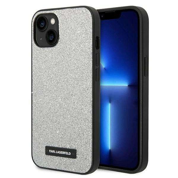Karl Lagerfeld KLHCP14SG2ELS iPhone 14 6,1" sidabrinis kietas dėklas Glitter Plaque Logo