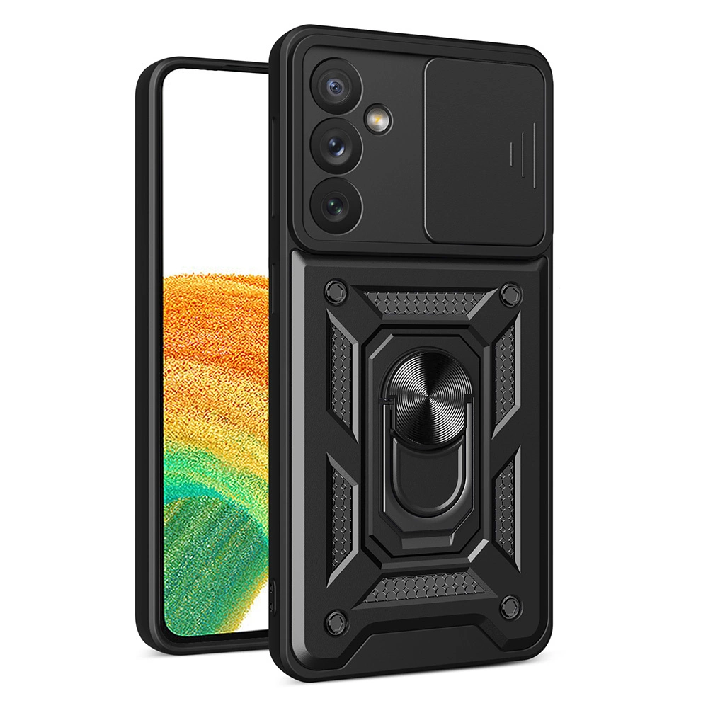 Hybrid Armor Camshield dėklas Samsung Galaxy A34 5G – apsauginis, su kameros dangčiu, juodas