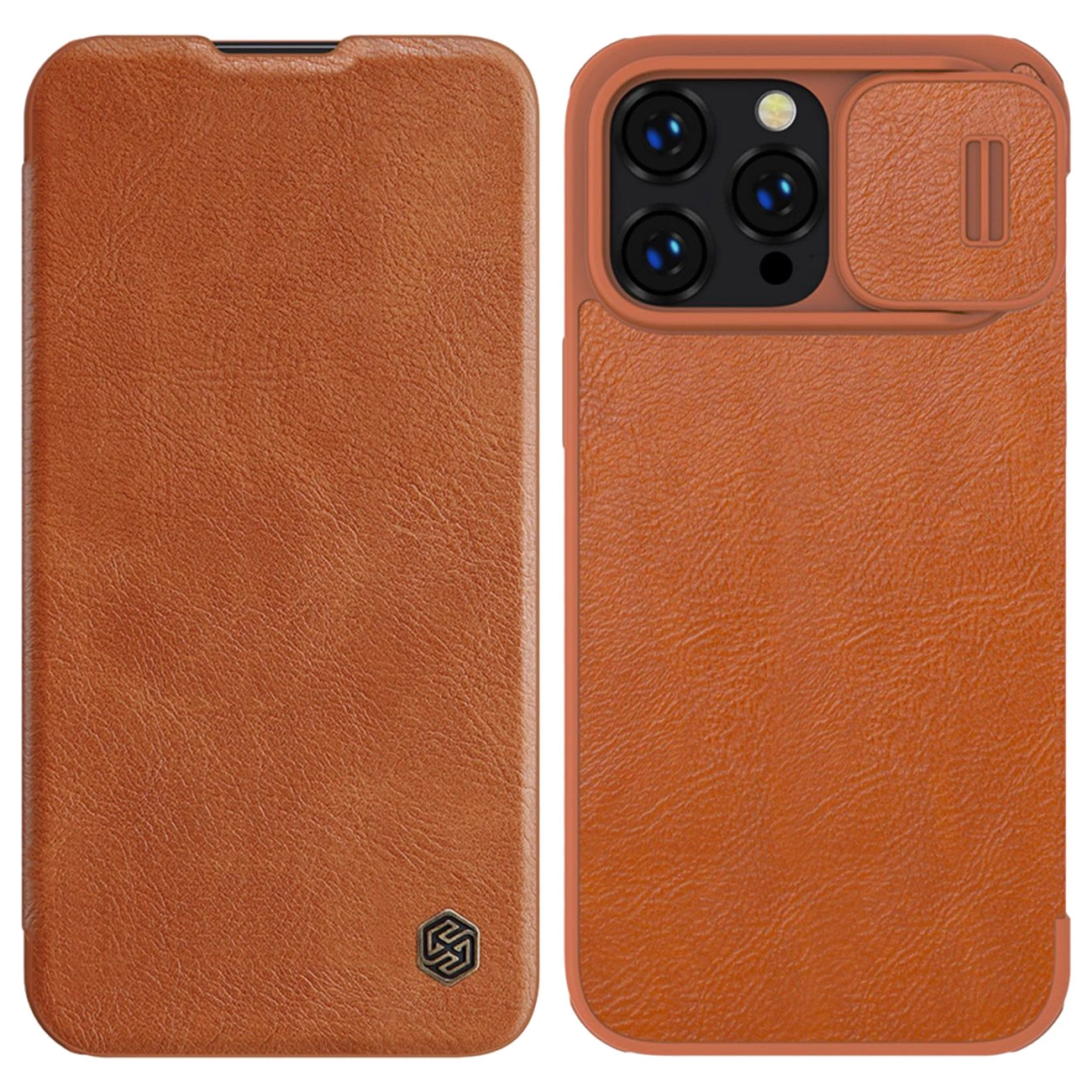 Nillkin Qin Leather Pro dėklas iPhone 14 Pro Max, kameros dangtelis, holsteris, atvartėlis, rudas