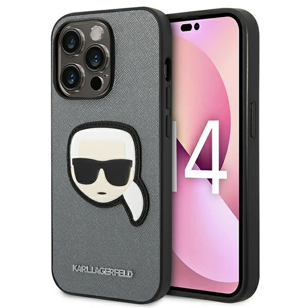 Karl Lagerfeld KLHCP14LSAPKHG iPhone 14 Pro 6,1" sidabrinis kietas dėklas Saffiano Karl galvos emblema