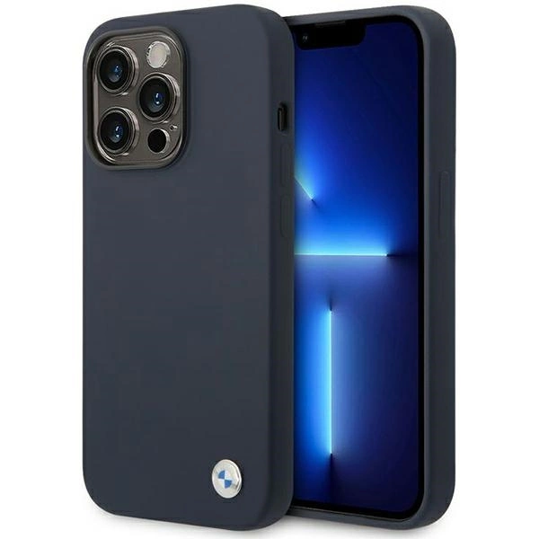 BMW BMHMP14LSILNA dėklas iPhone 14 Pro 6.1" – tamsiai mėlynas/tamsiai mėlynas, silikoninis Metal Logo MagSafe