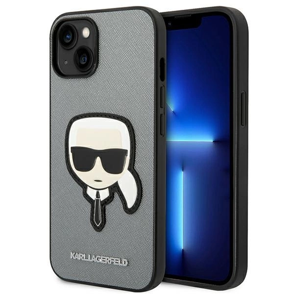 Karl Lagerfeld KLHCP14MSAPKHG iPhone 14 Plus 6,7" sidabrinis kietas dėklas Saffiano Karl galvos emblema