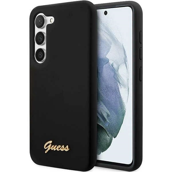 Guess GUHCS23SSLSMK S23 S911 – juodas/juodas kietas dėklas, Silicone Vintage Gold Logo