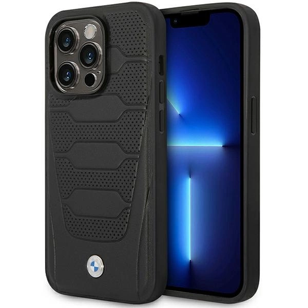 BMW BMHMP14L22RPSK dėklas iPhone 14 Pro 6.1" – juodas/juodas, Leather Seats Pattern MagSafe