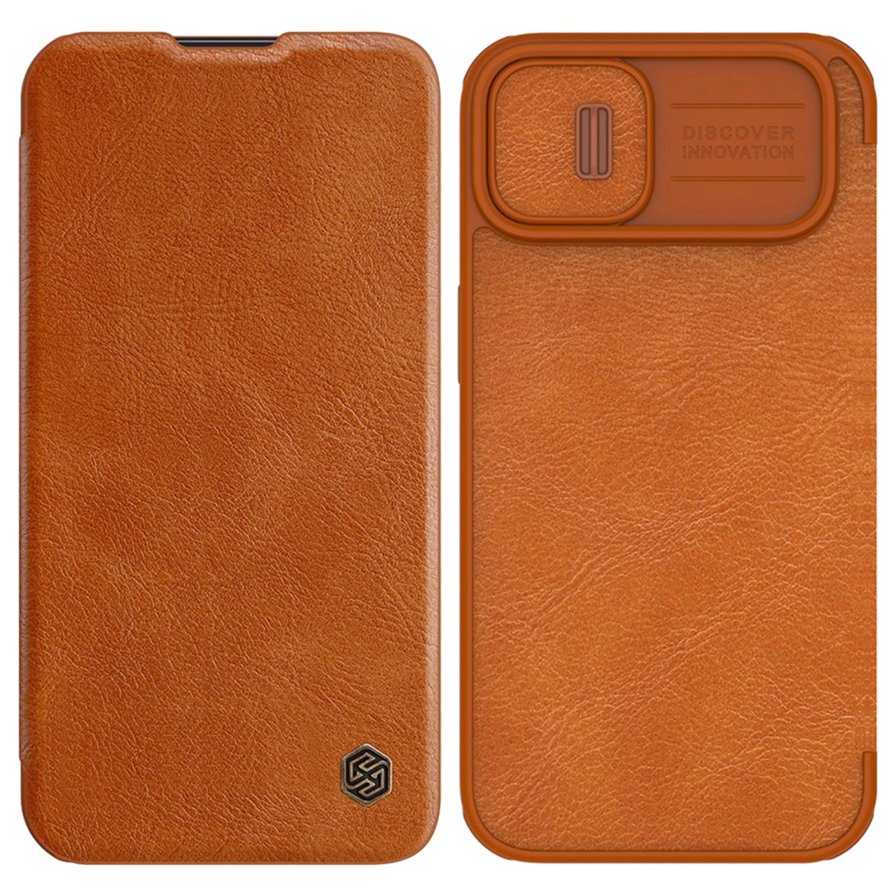 Nillkin Qin Leather Pro dėklas iPhone 14 Plus, kameros dangtelis, holsteris, atvartėlis, rudas
