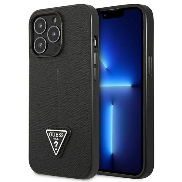 Guess GUHCP14LPSATLK iPhone 14 Pro 6,1" juodas kietas dėklas Saffiano Triangle Logo