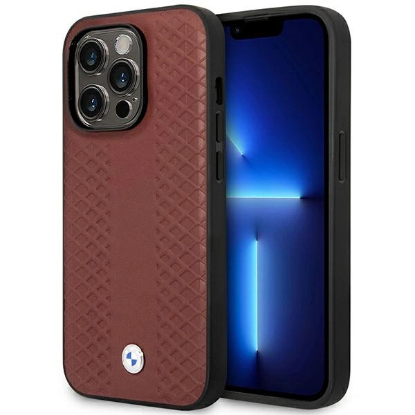 BMW BMHMP14L22RFGR dėklas iPhone 14 Pro 6.1" – burgundiškas/burgundiškas, Leather Diamond Pattern MagSafe