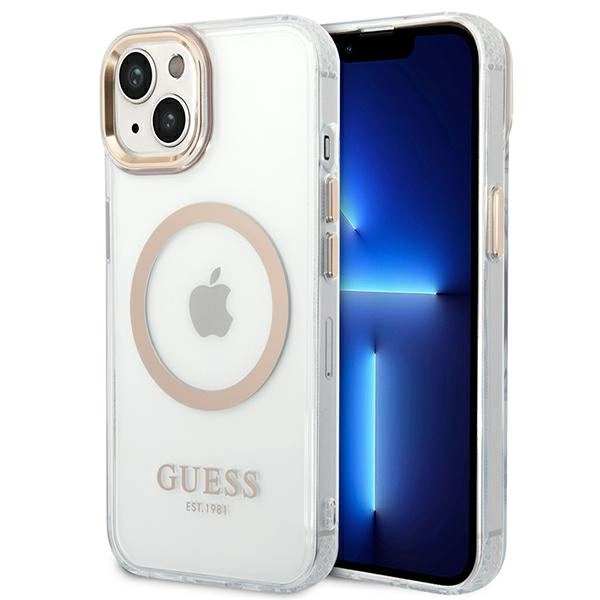 Guess GUHMP14MHTRMD iPhone 14 Plus 6,7" auksinis kietas dėklas Metal Outline MagSafe
