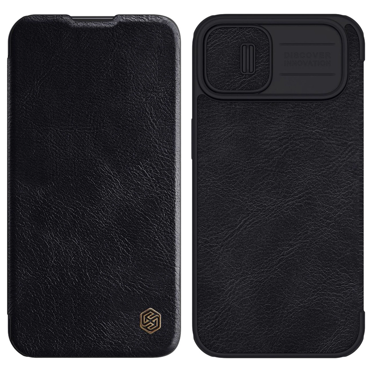 Nillkin Qin Leather Pro dėklas iPhone 14 Plus, kameros dangtelis, holsteris, atvartėlis, juodas