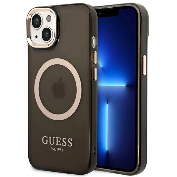 Guess GUHMP14MHTCMK iPhone 14 Plus 6,7" juodas kietas dėklas Gold Outline Translucent MagSafe