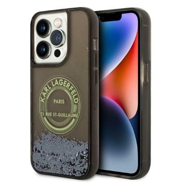 Karl Lagerfeld Liquid Glitter RSG dėklas iPhone 14 Pro – juodas