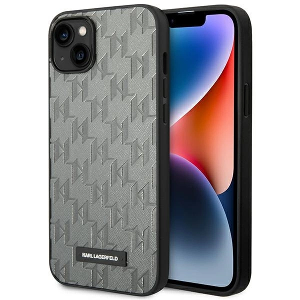 Karl Lagerfeld KLHCP14MSAKLHPG iPhone 14 Plus 6,7" pilkas kietas dėklas Saffiano Mono Metal Logo