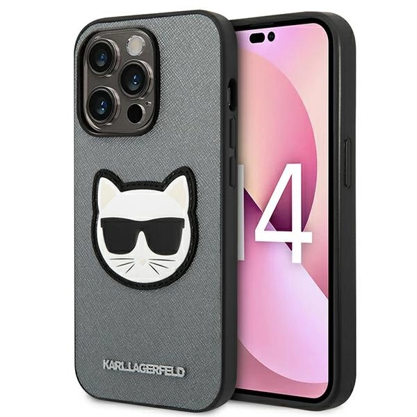 Karl Lagerfeld KLHCP14LSAPCHG iPhone 14 Pro 6,1" sidabrinis kietas dėklas Saffiano Choupette galvos emblema