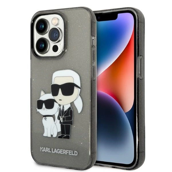 Karl Lagerfeld Glitter Karl & Choupette dėklas iPhone 14 Pro – juodas