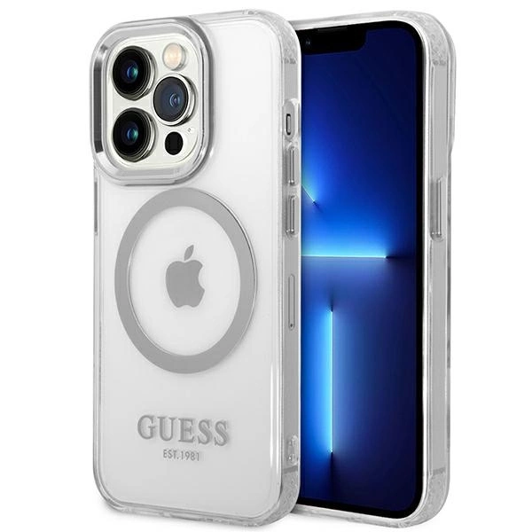 Guess GUHMP14LHTRMS iPhone 14 Pro 6,1" sidabrinis kietas dėklas Metal Outline MagSafe