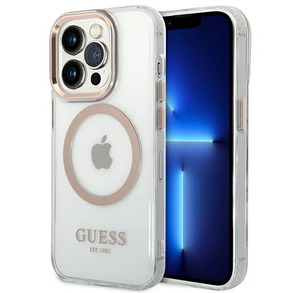 Guess GUHMP14LHTRMD iPhone 14 Pro 6,1" auksinis kietas dėklas Metal Outline MagSafe