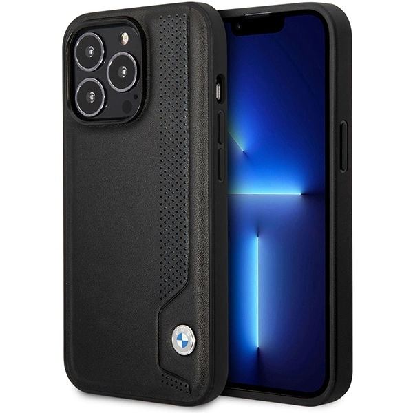 BMW BMHCP14X22RBDK dėklas iPhone 14 Pro Max 6.7" – juodas/juodas kietas, Leather Blue Dots