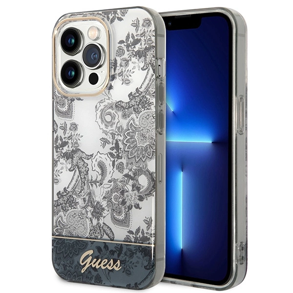 Guess GUHCP14LHGPLHG iPhone 14 Pro 6,1" pilkas kietas dėklas Porcelain Collection