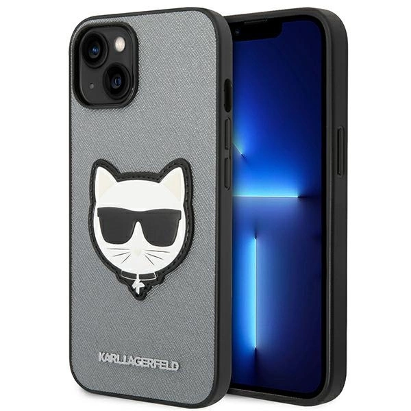 Karl Lagerfeld KLHCP14SSAPCHG iPhone 14 6,1" sidabrinis kietas dėklas Saffiano Choupette galvos emblema