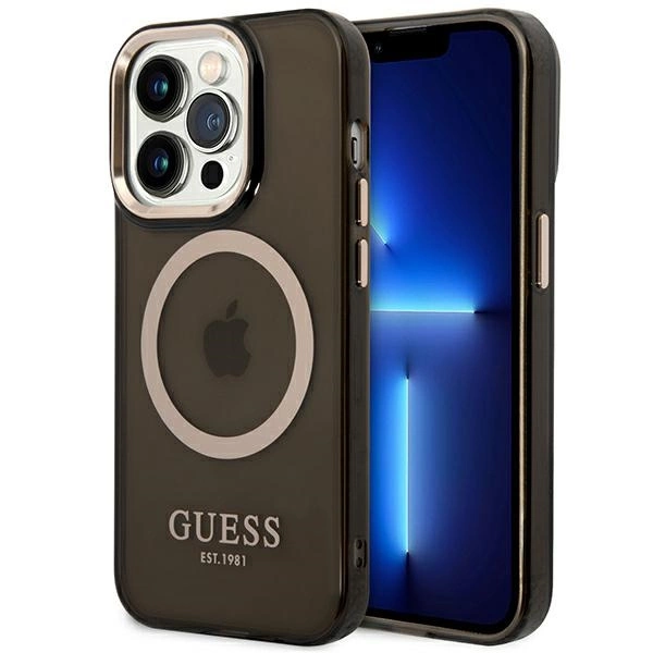 Guess GUHMP14LHTCMK iPhone 14 Pro 6,1" juodas kietas dėklas Gold Outline Translucent MagSafe