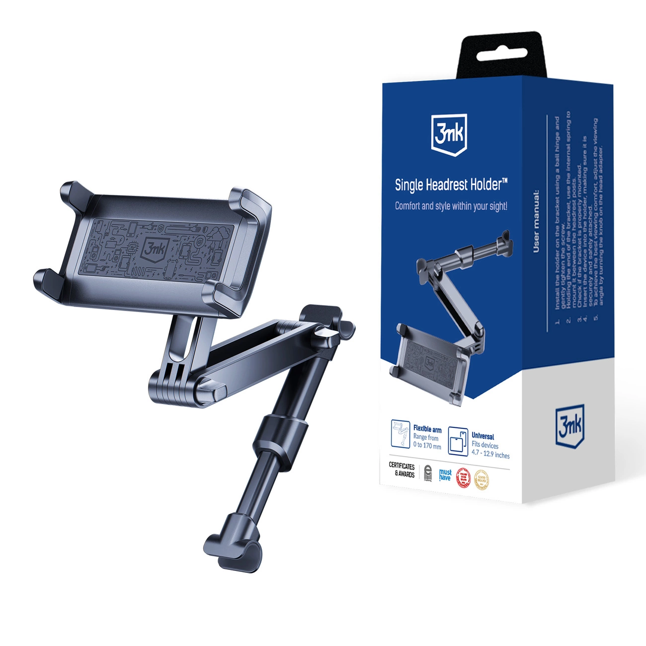 3mk Single Headrest automobilio laikiklis telefonui prie vienos galvos atramos – juodas
