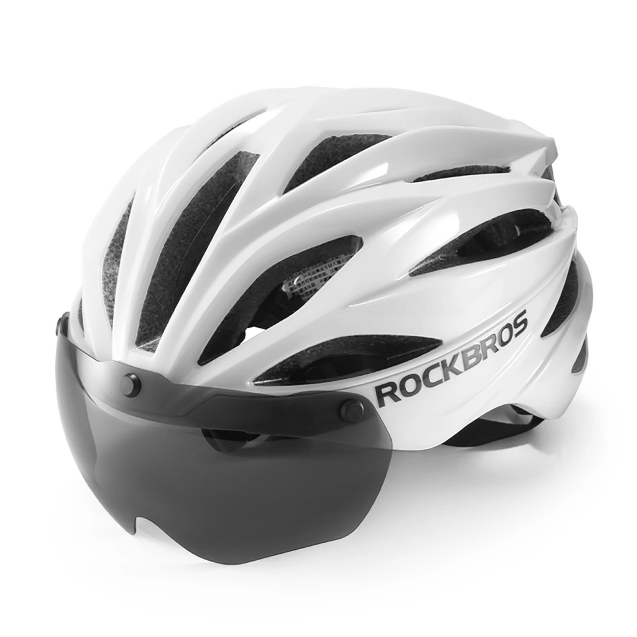 Rockbros dviračių šalmas su snapeliu, nuimami UV apsaugos akiniai, unisex, blizgūs – balti