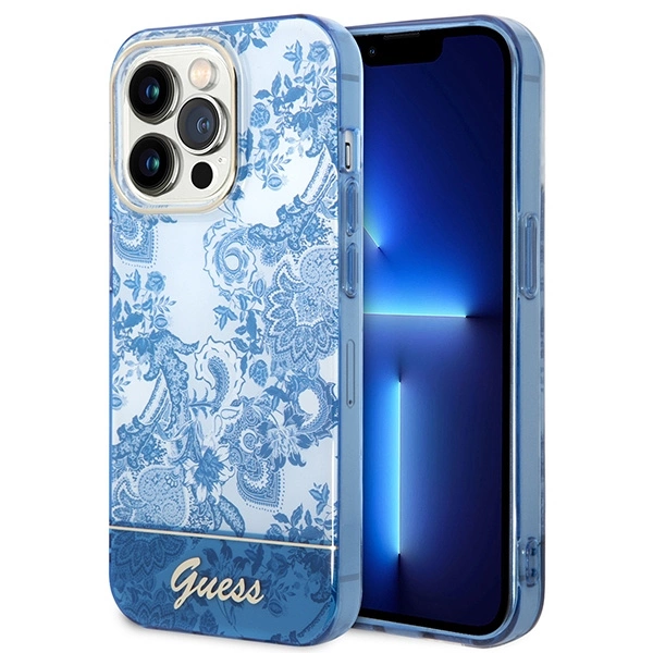 Guess GUHCP14LHGPLHB iPhone 14 Pro 6,1" mėlynas kietas dėklas Porcelain Collection