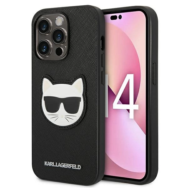 Karl Lagerfeld KLHCP14LSAPCHK iPhone 14 Pro 6,1" juodas kietas dėklas Saffiano Choupette galvos emblema