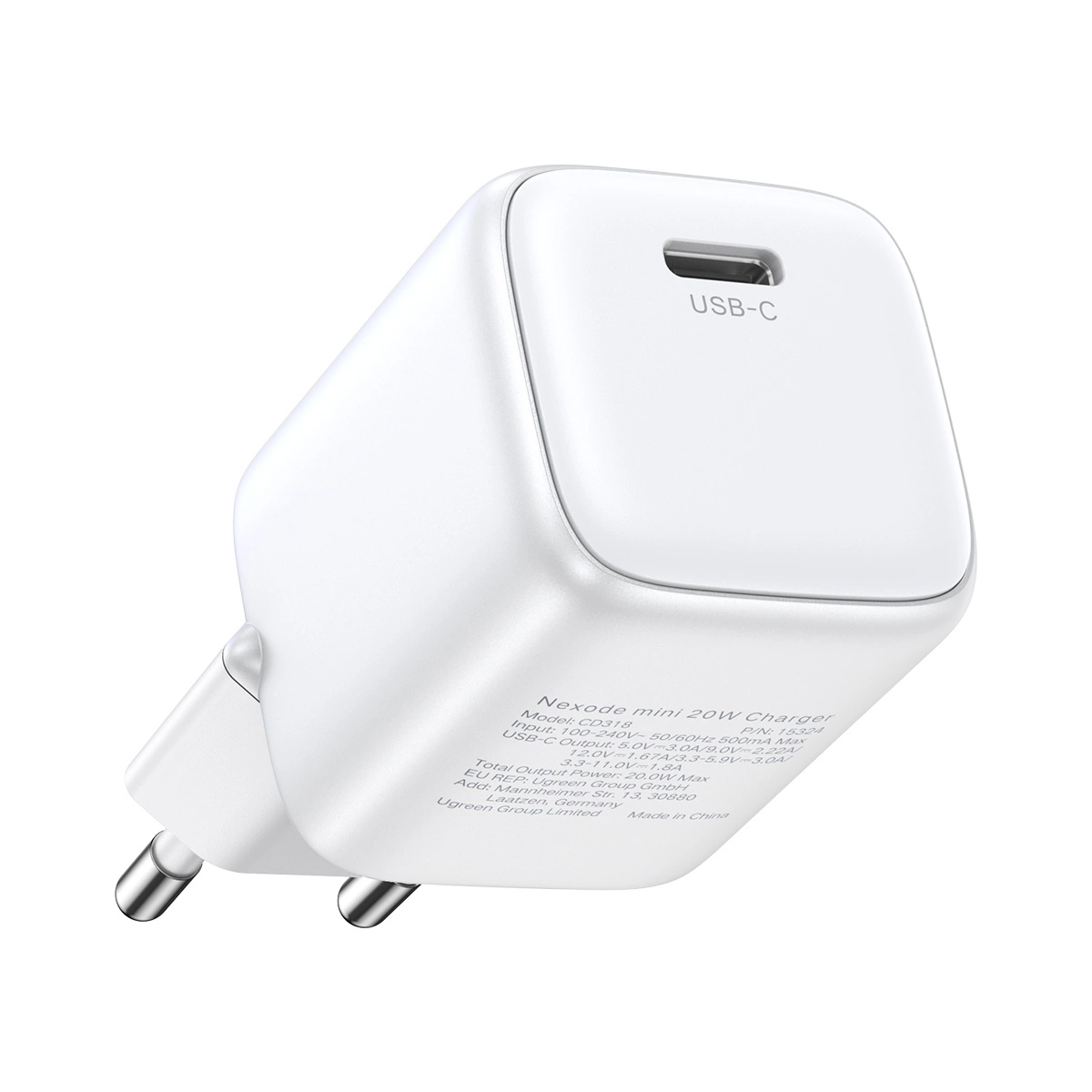 Ugreen Nexode Mini CD318 15324 GaN 20W USB-C PD 3.0 / QC 4.0 tinklo įkroviklis – baltas