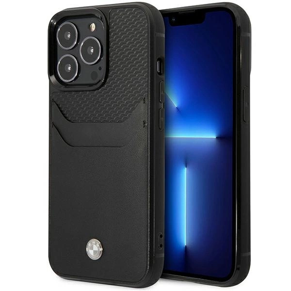 BMW BMHCP14L22RSEPK dėklas iPhone 14 Pro 6.1" – juodas/juodas, Leather Card Slot