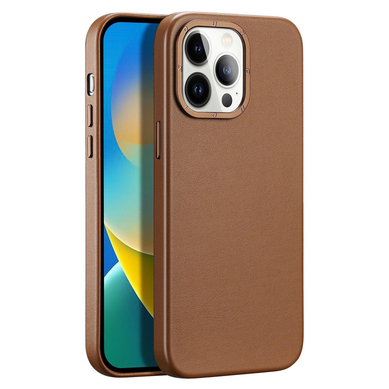 Dux Ducis Grit odinis dėklas iPhone 14 Pro Max, elegantiškas dirbtinės odos dangtelis (suderinamas su MagSafe), rudas