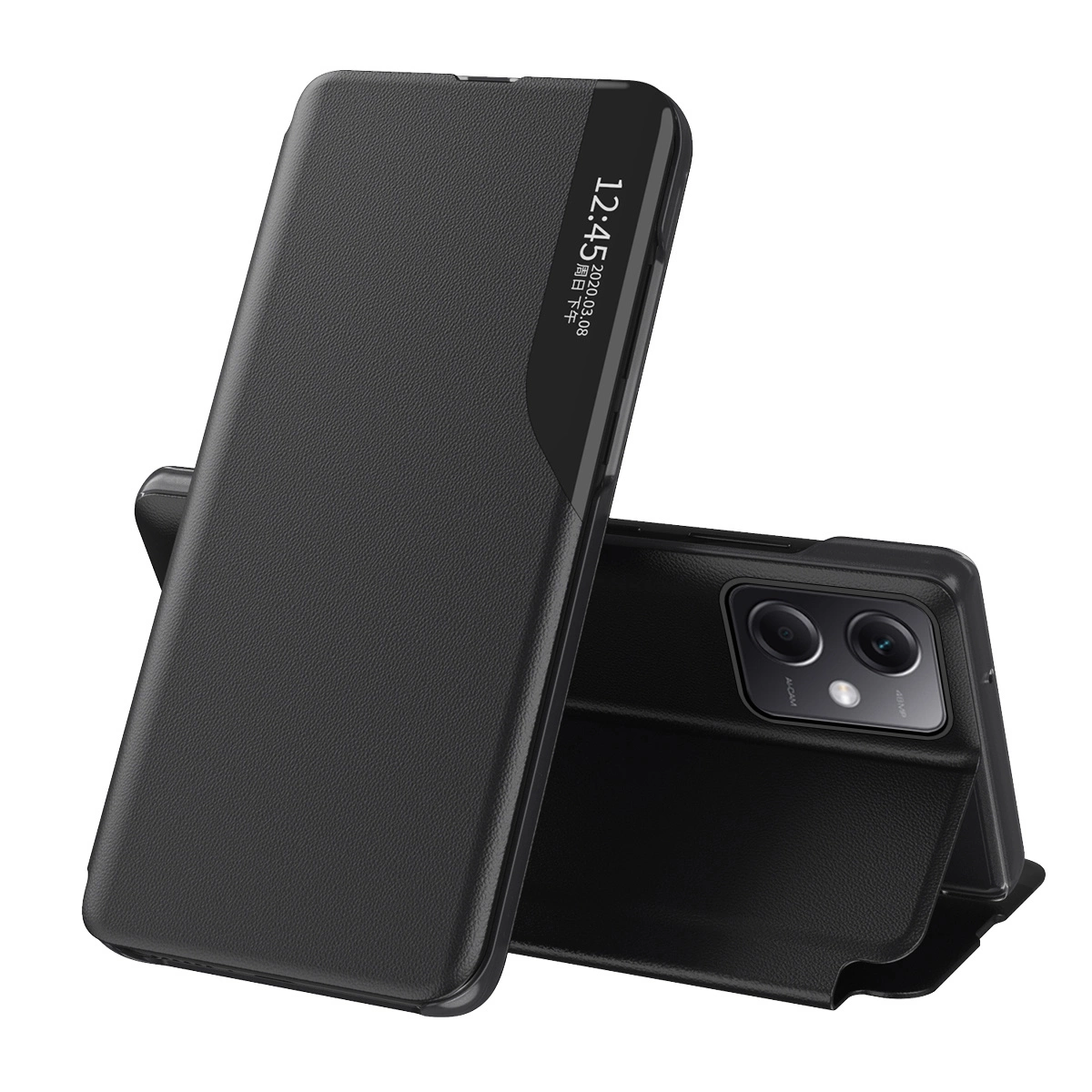 Eco Leather View dėklas Xiaomi Redmi Note 12 5G / Poco X5 5G su flip stovu – juodas