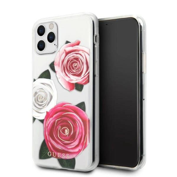 Guess GUHCN58ROSTRT iPhone 11 Pro – permatomas kietas dėklas, Flower Desire Pink & White Rose