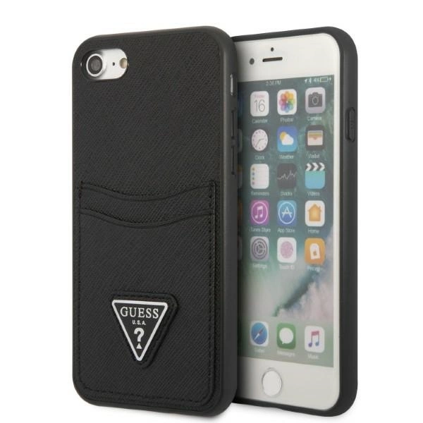 Guess GUHCI8PSATPK iPhone 7/8 SE 2020 / SE 2022 – juodas/juodas kietas dėklas, Saffiano Triangle Logo su kortelių laikikliu