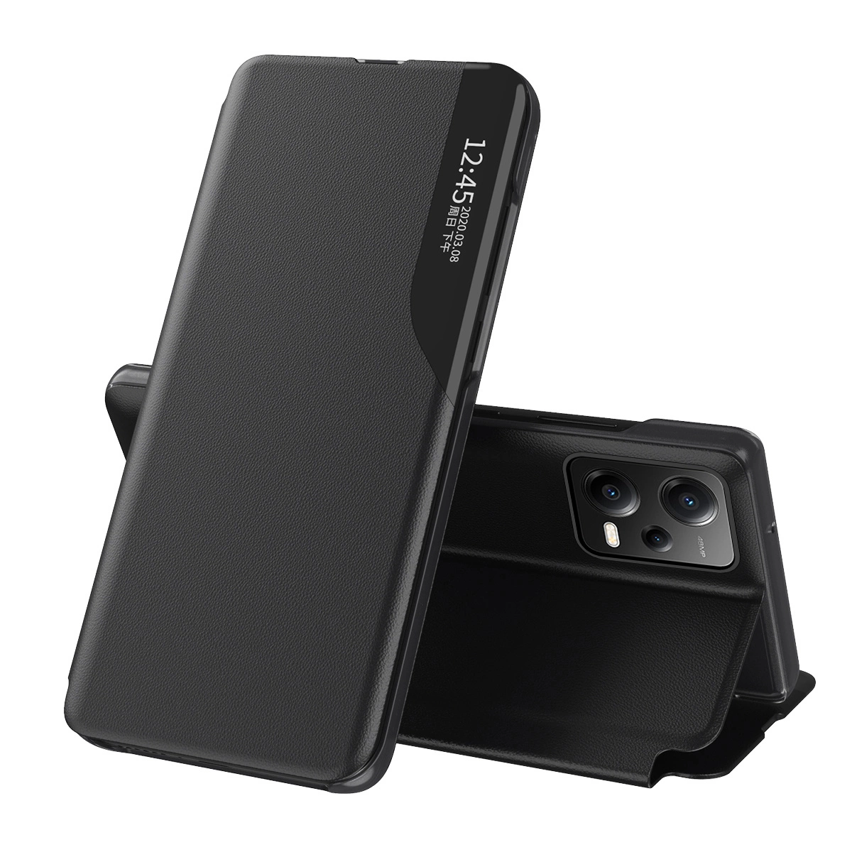 Eco Leather View dėklas Xiaomi Redmi Note 12 Pro+ su flip stovu – juodas