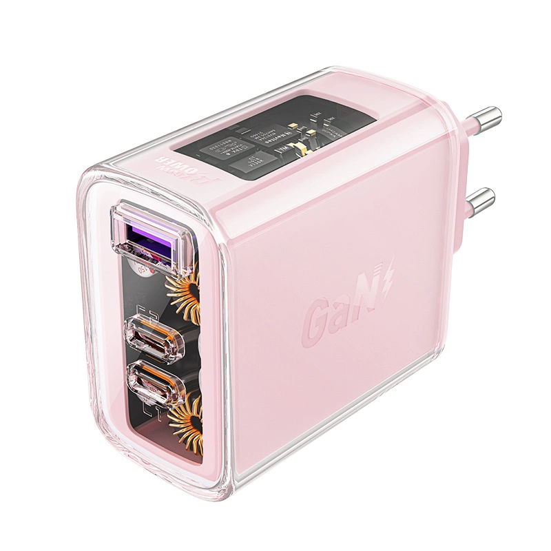 Acefast įkroviklis GaN 65W 3 lizdai (1xUSB, 2xUSB C) – rožinis (A45)