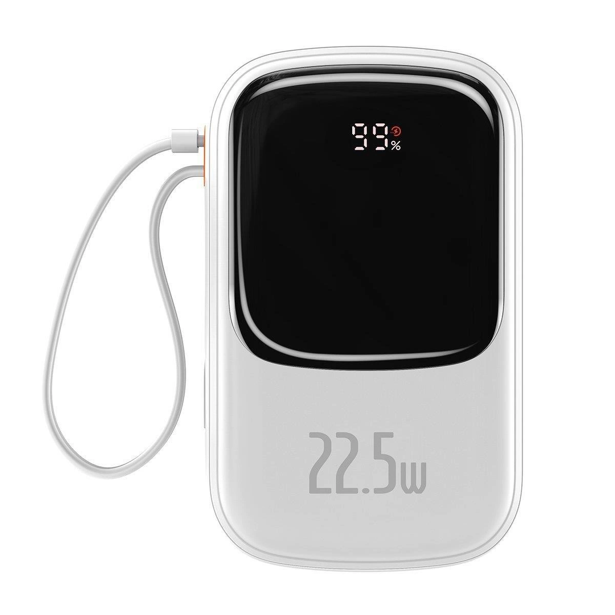 Baseus Qpow skaitmeninis ekranas powerbank 20000mAh 22.5W QC/PD/SCP/FCP su integruotu USB-C laidu – baltas